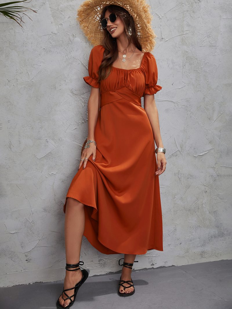 Women Solid Color Slingback Short Sleeve Dress Women Dress Women Clothes - Image 2