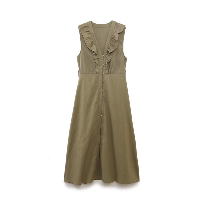 Summer Women Clothing Casual with Belt Linen Blend Laminated Decoration Dress - Image 5