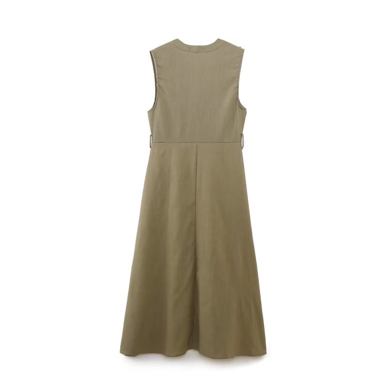 Summer Women Clothing Casual with Belt Linen Blend Laminated Decoration Dress - Image 6