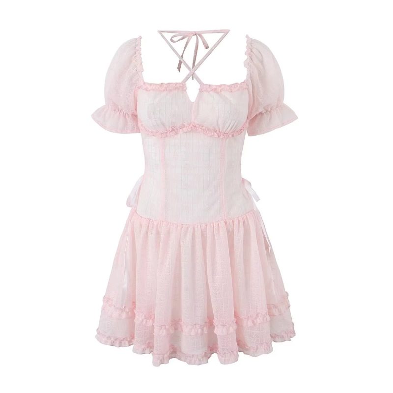 Halter Lace up Square Collar Puff Sleeve Dress Sexy Waist Controlled Slim Fit Wooden Ear Women - Image 2