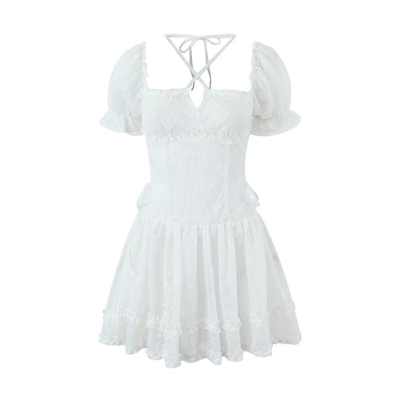 Halter Lace up Square Collar Puff Sleeve Dress Sexy Waist Controlled Slim Fit Wooden Ear Women - Image 3
