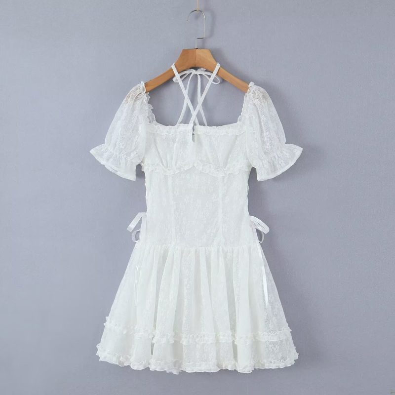 Halter Lace up Square Collar Puff Sleeve Dress Sexy Waist Controlled Slim Fit Wooden Ear Women - Image 4