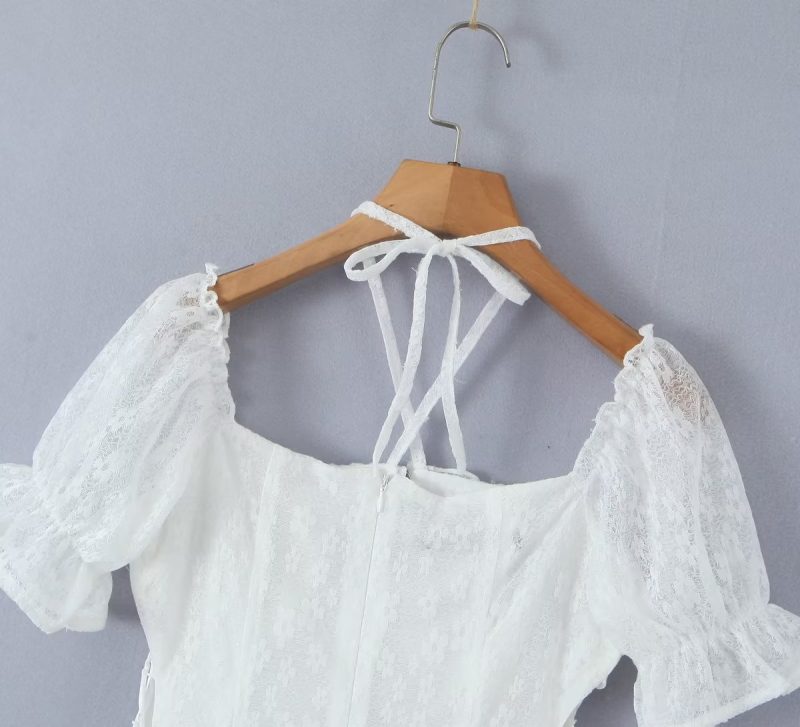 Halter Lace up Square Collar Puff Sleeve Dress Sexy Waist Controlled Slim Fit Wooden Ear Women - Image 5