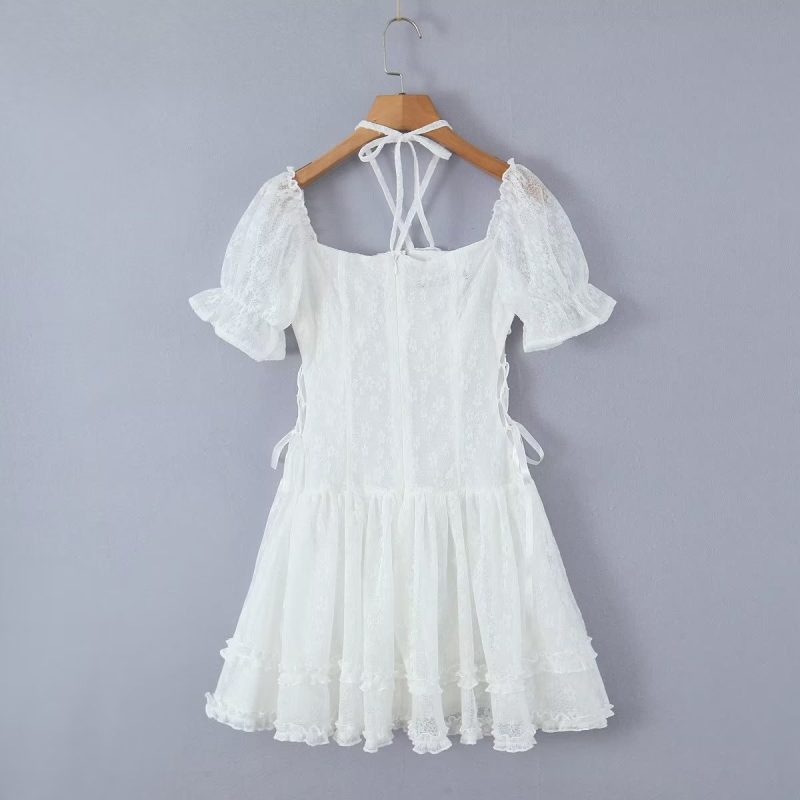 Halter Lace up Square Collar Puff Sleeve Dress Sexy Waist Controlled Slim Fit Wooden Ear Women - Image 11