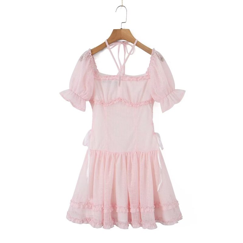 Halter Lace up Square Collar Puff Sleeve Dress Sexy Waist Controlled Slim Fit Wooden Ear Women - Image 12