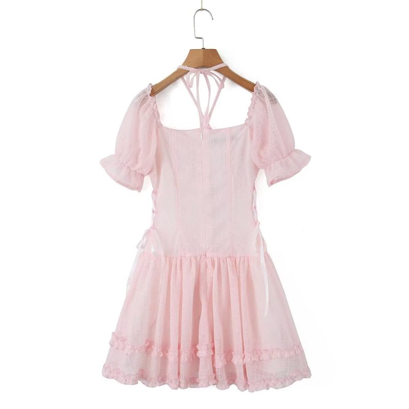 Halter Lace up Square Collar Puff Sleeve Dress Sexy Waist Controlled Slim Fit Wooden Ear Women - Image 13