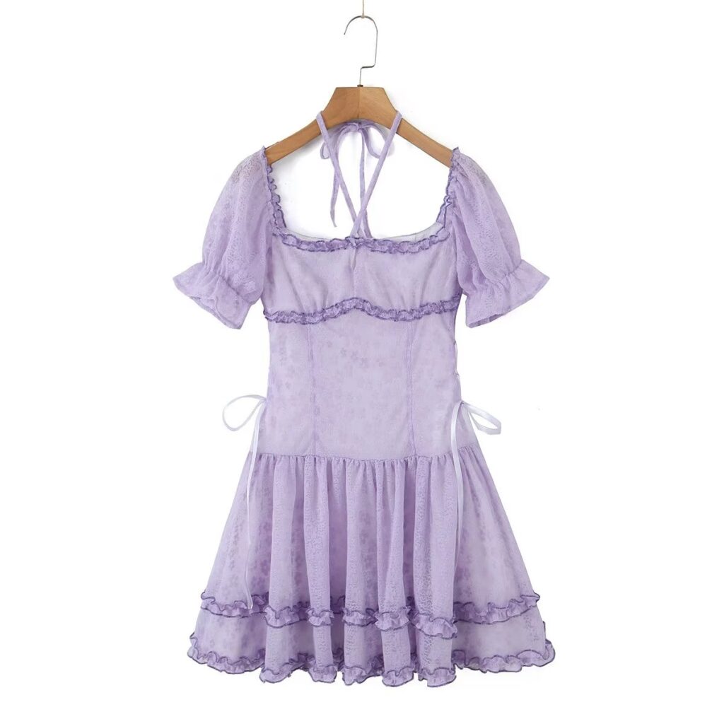 Halter Lace up Square Collar Puff Sleeve Dress Sexy Waist Controlled Slim Fit Wooden Ear Women - Image 14