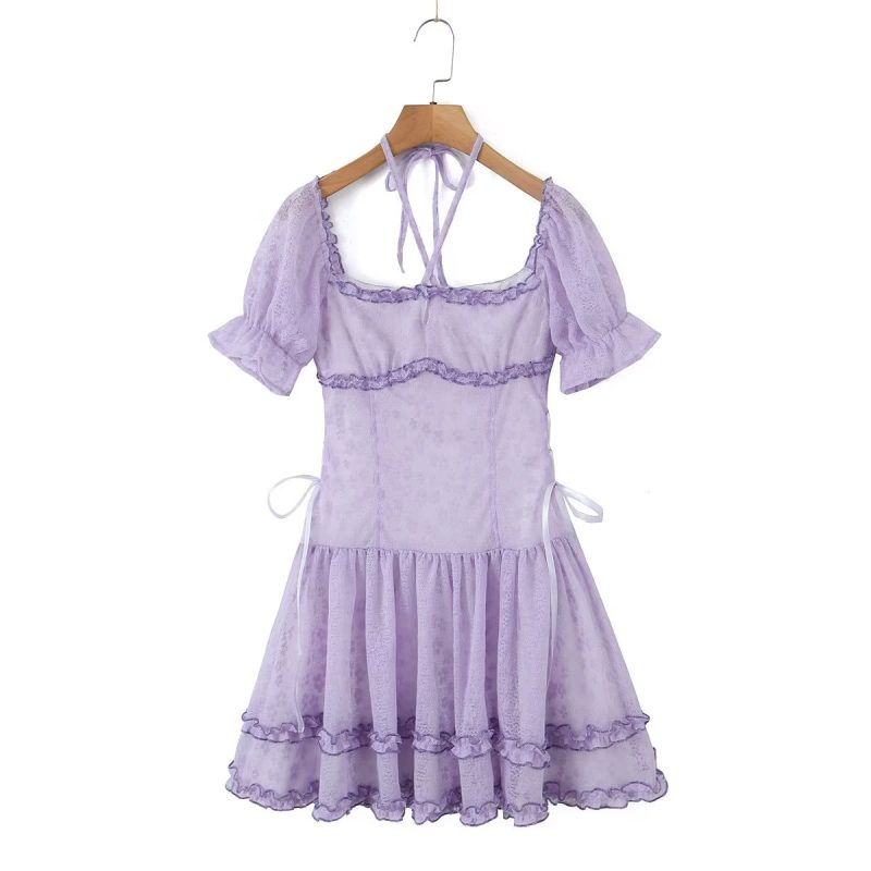 Halter Lace up Square Collar Puff Sleeve Dress Sexy Waist Controlled Slim Fit Wooden Ear Women - Image 14