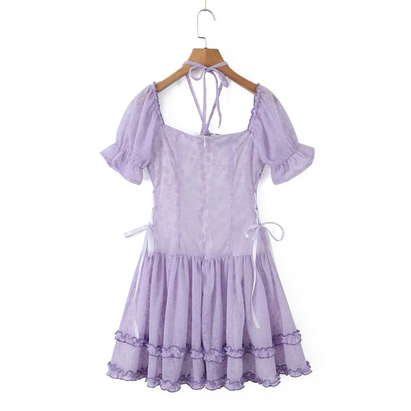 Halter Lace up Square Collar Puff Sleeve Dress Sexy Waist Controlled Slim Fit Wooden Ear Women - Image 15