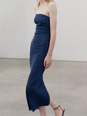 Summer Women Clothing Sexy Straight Strapless Dress Slim Fit Slit Denim Dress