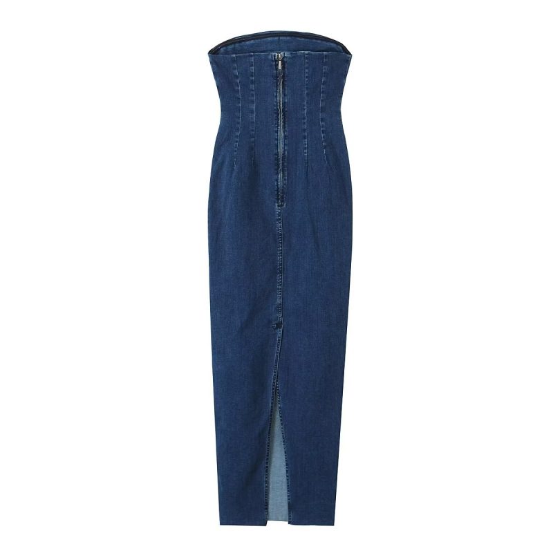 Summer Women Clothing Sexy Straight Strapless Dress Slim Fit Slit Denim Dress - Image 3