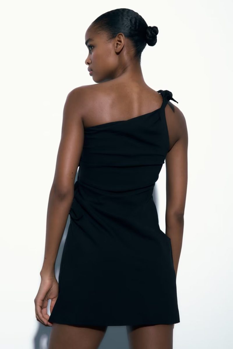 Summer French Black Dress One Shoulder Asymmetric Design A Line Bow Tie Short Dress - Image 3