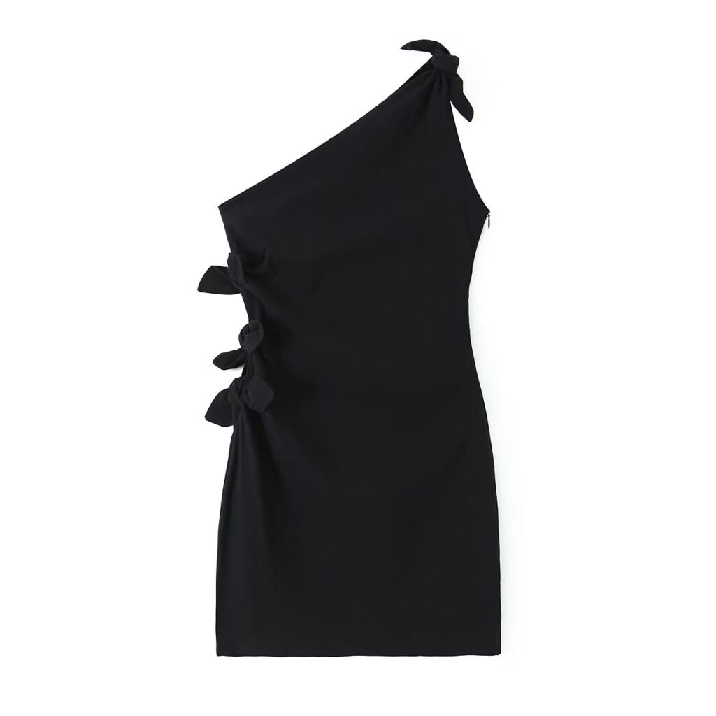 Summer French Black Dress One Shoulder Asymmetric Design A Line Bow Tie Short Dress - Image 4