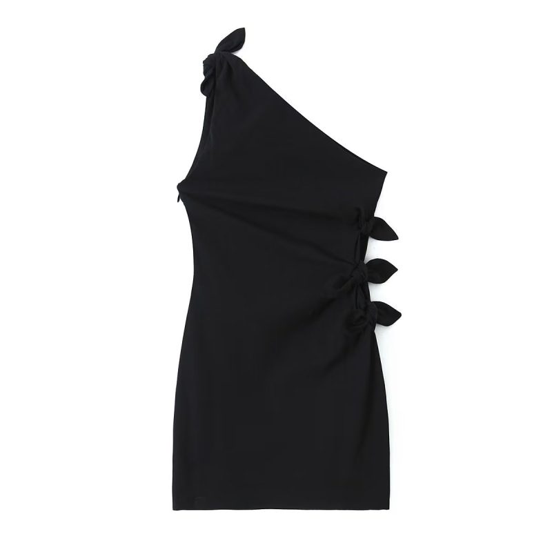 Summer French Black Dress One Shoulder Asymmetric Design A Line Bow Tie Short Dress - Image 5