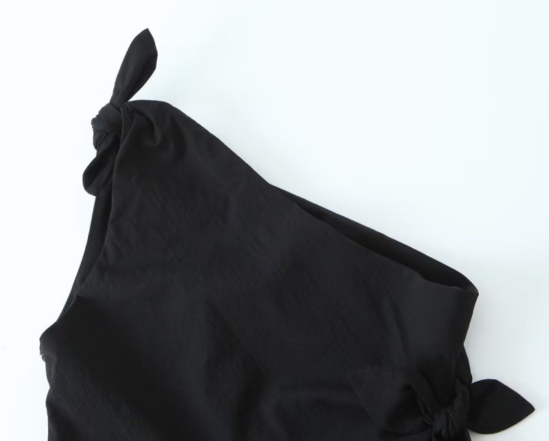 Summer French Black Dress One Shoulder Asymmetric Design A Line Bow Tie Short Dress - Image 6