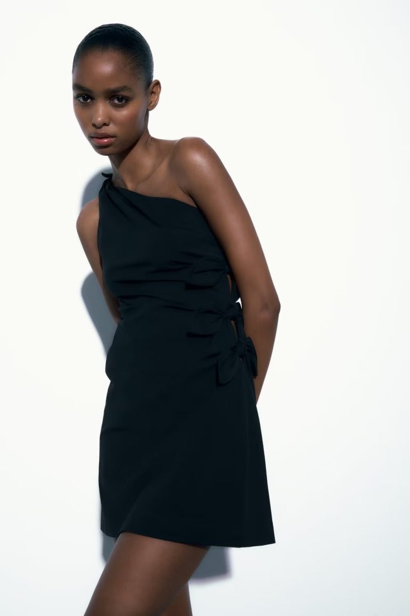 Summer French Black Dress One Shoulder Asymmetric Design A Line Bow Tie Short Dress - Image 2