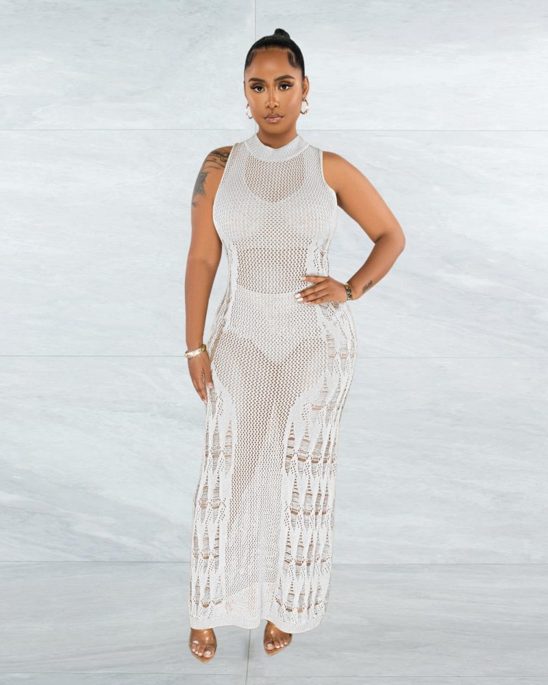 Women Clothing Spring Summer Beach Dress Knitted Vest Hollow Out Cutout Sexy Dress - Image 3