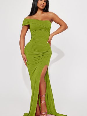 Women Clothing Elegant Irregular Asymmetric off Shoulder Pleated Slit Evening Dress