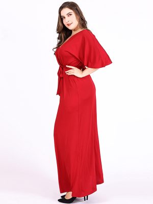 Plus Size Women   Red Formal Dress Deep V-neck Short Sleeve High Waist Lace-up Sexy Dress