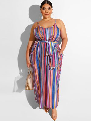 Plus Size Women Striped Loose Strap Dress with Belt Summer