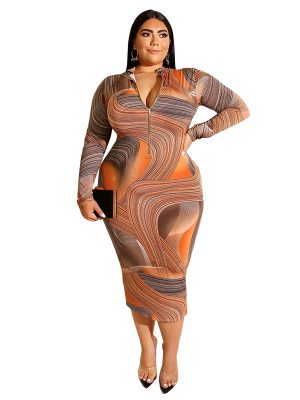 Plus Size Printed Skinny Sheath Zipper Front Back Wearable  Dress