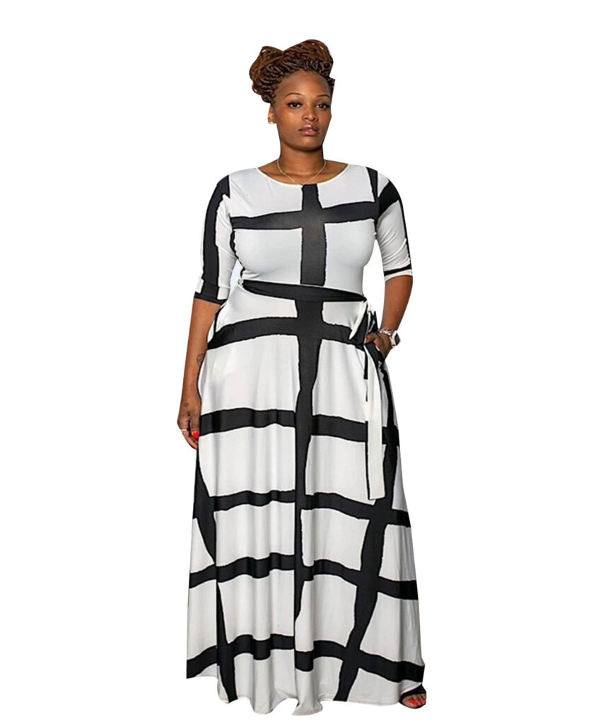Plus Size Popular  Striped Positioning Printing Half Length Sleeve Dress - Image 4