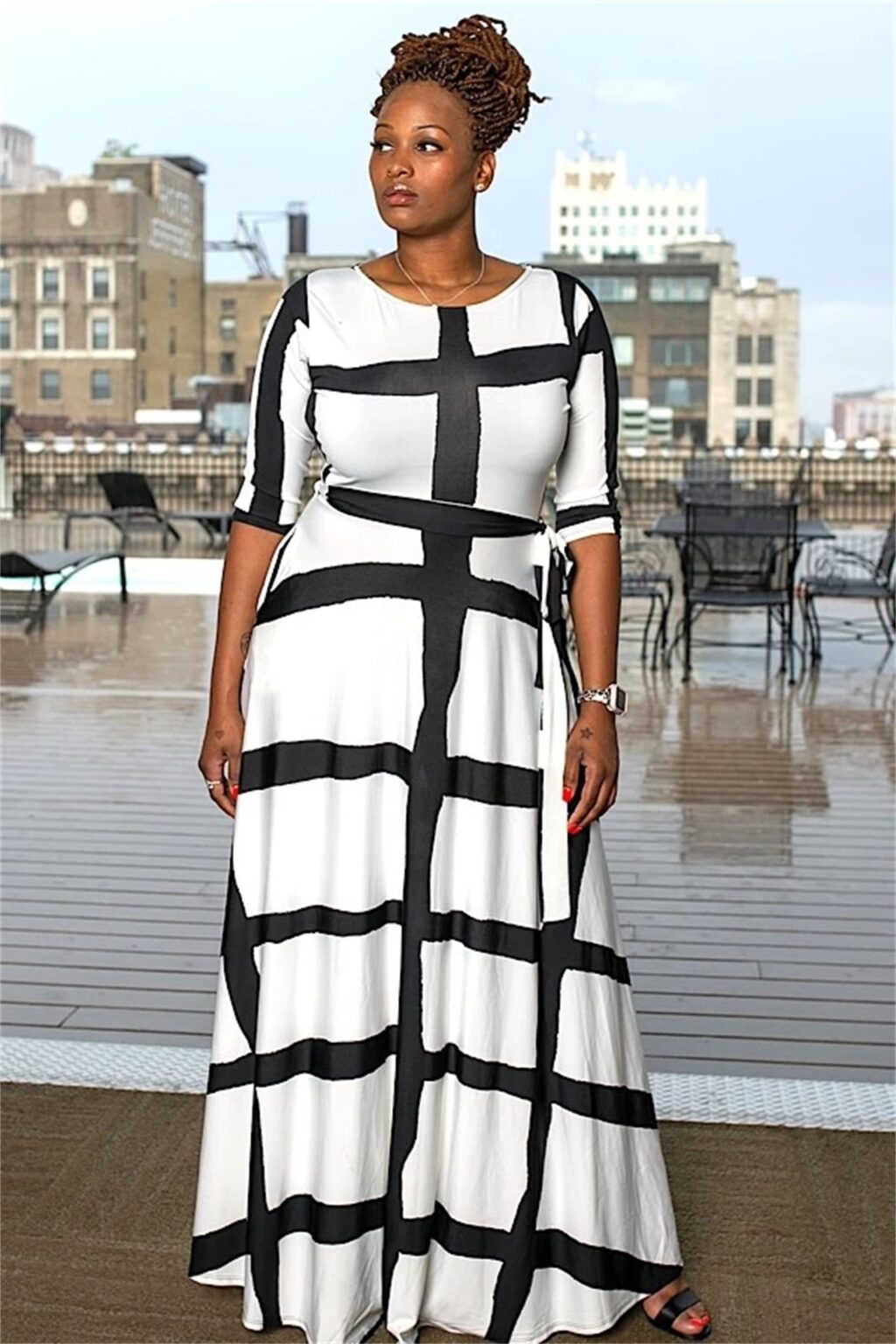 Plus Size Popular  Striped Positioning Printing Half Length Sleeve Dress - Image 3