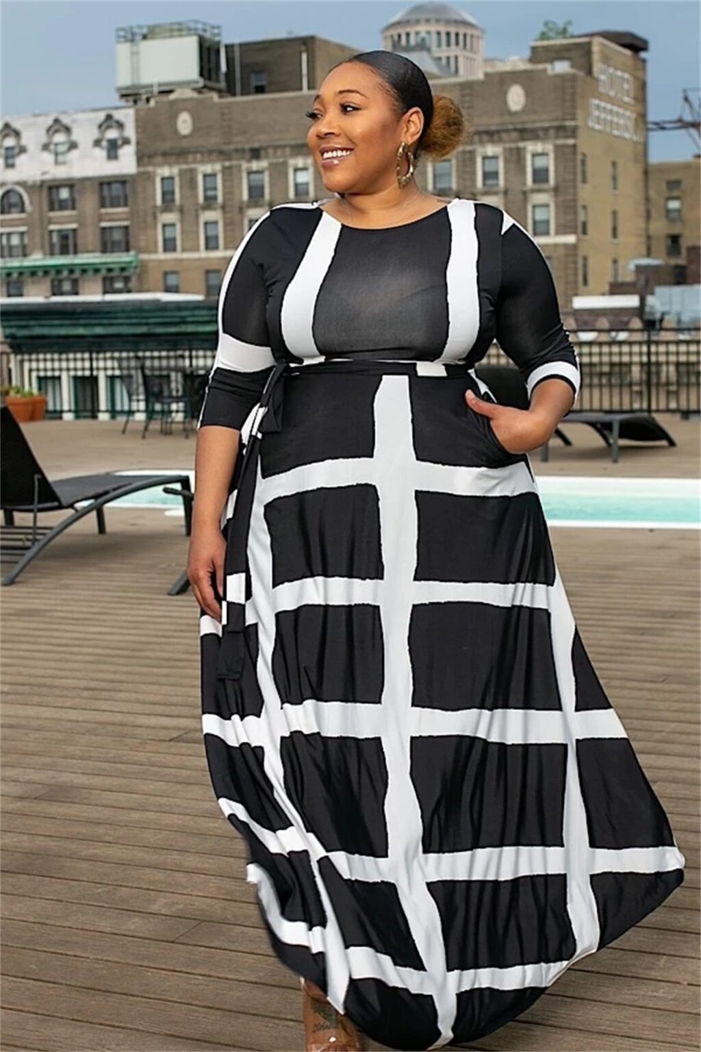 Plus Size Popular  Striped Positioning Printing Half Length Sleeve Dress - Image 2