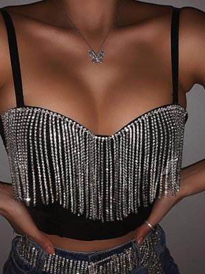 Summer Solid Color Stitching Light Diamond Tassel Wrapped Chest cropped Vest Women