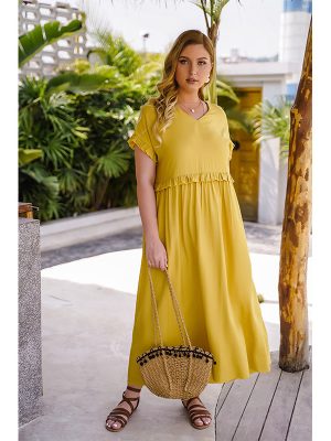 Plus Size Summer Yellow V-neck Loose Belly-Covering Dress Short Sleeve Casual  Women Clothing Maxi Dress