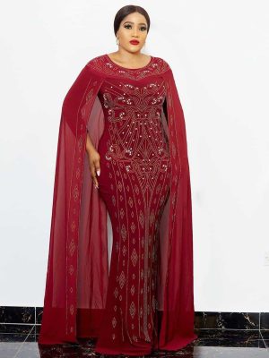 Plus Size African Dress Elegant Chiffon Long Sleeve Heavy Embroidery Drilling Bubble Beads Sheath Fishtail Stretch