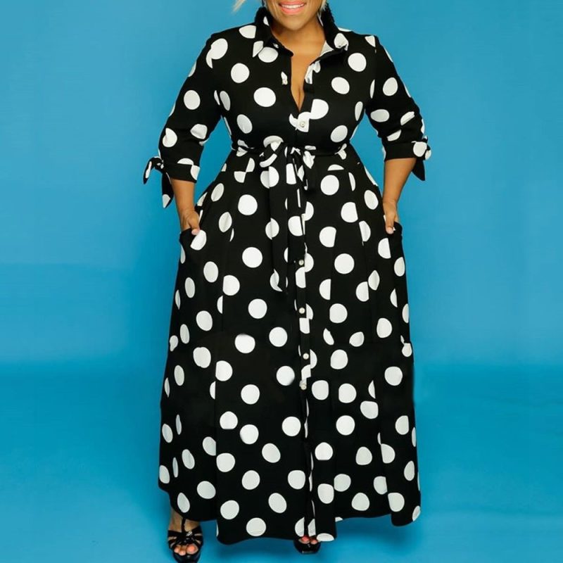 Plus Size Shirt Long Sleeve Dotted Prints Dress - Image 3