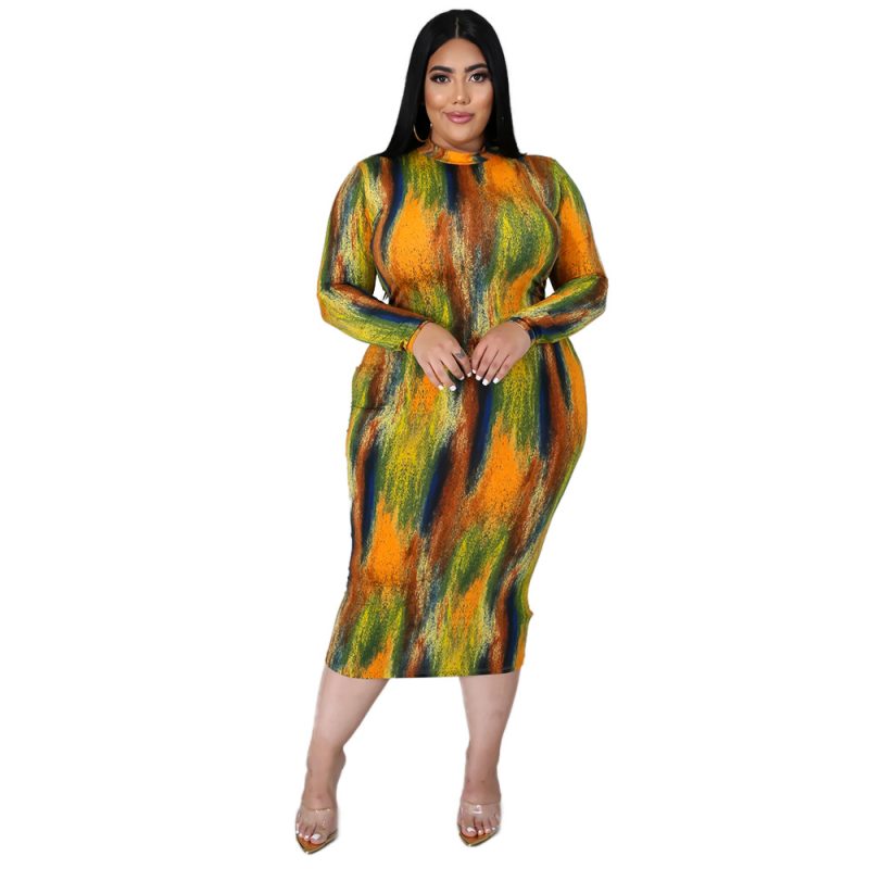 Plus Size Plus Size Sexy Women Wear Turtleneck Long Sleeve Slim Tie-Dye Printed Midi Dress for Women - Image 2
