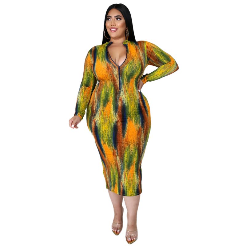 Plus Size Plus Size Sexy Women Wear Turtleneck Long Sleeve Slim Tie-Dye Printed Midi Dress for Women - Image 4
