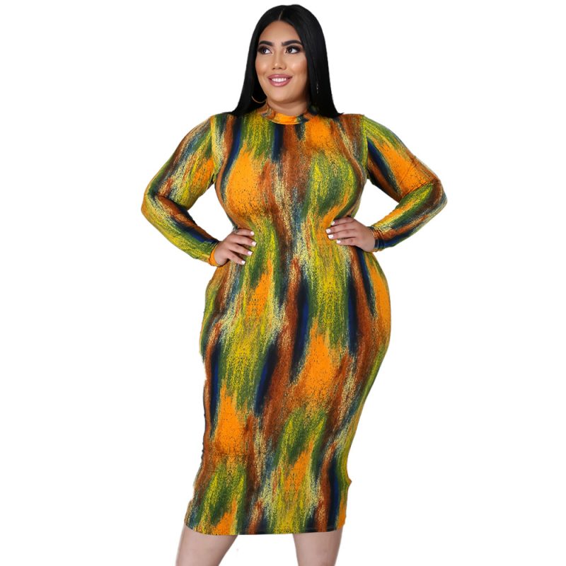 Plus Size Plus Size Sexy Women Wear Turtleneck Long Sleeve Slim Tie-Dye Printed Midi Dress for Women - Image 3