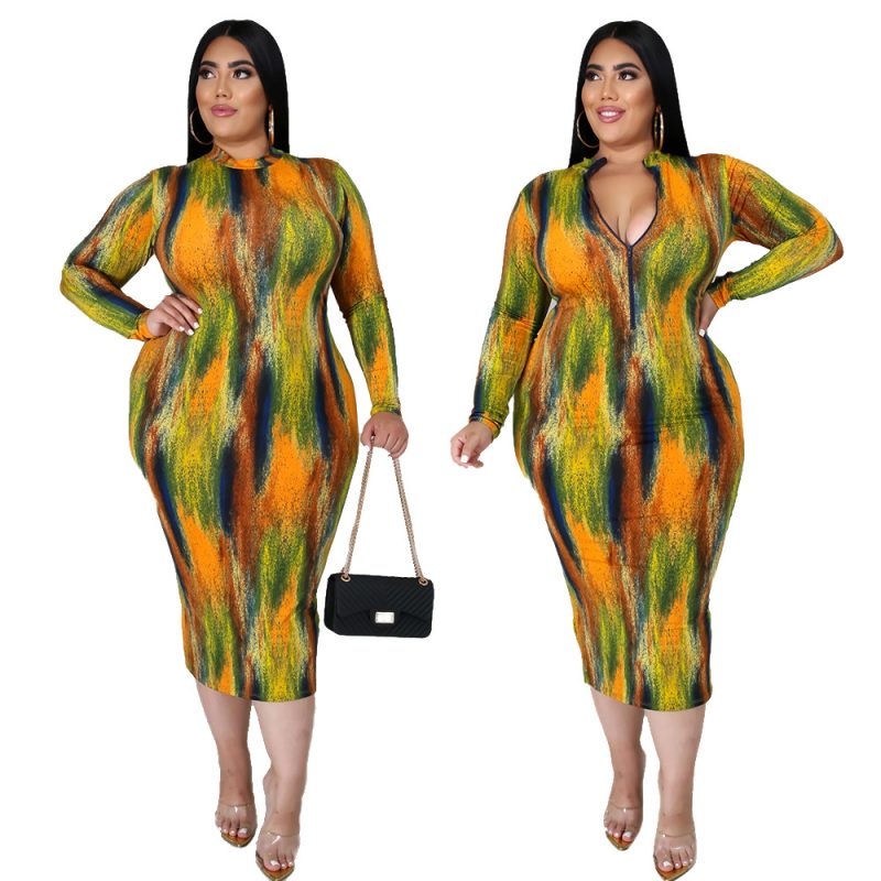 Plus Size Plus Size Sexy Women Wear Turtleneck Long Sleeve Slim Tie-Dye Printed Midi Dress for Women - Image 5