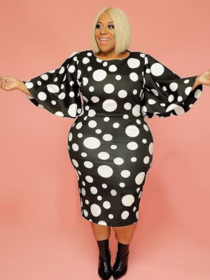 Plus Size Spring Summer Bell Sleeve Sleeve Polka Dot Print  Women Clothes Sheath Dress