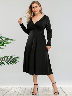 Plus Size French Single Retro Spring Autumn Fitted Waist Backless V-neck Dress Midi  Dress