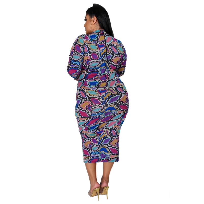 Plus Size Fall Winter Long Sleeve Turtleneck Irregular Asymmetric Plaid Printed Slim-Fit Sexy Women Dress - Image 3