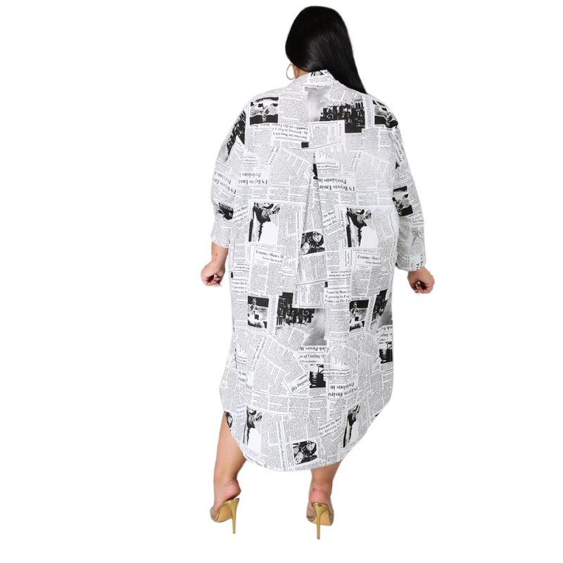 Plus Size Fall/Winter Plus Size Women Clothing Woman Collared Newspaper Printing Irregular Asymmetric Women Shirt Dress - Image 4