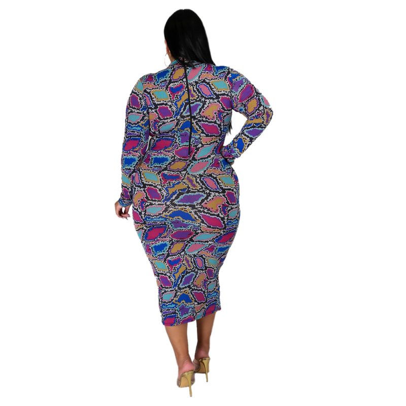 Plus Size Fall Winter Long Sleeve Turtleneck Irregular Asymmetric Plaid Printed Slim-Fit Sexy Women Dress - Image 4
