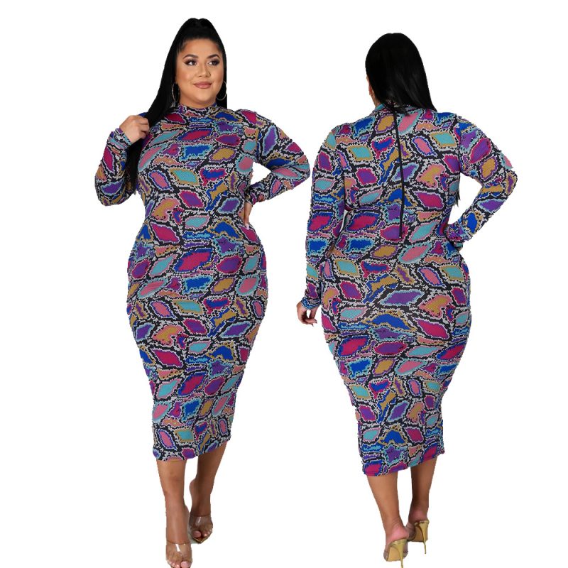 Plus Size Fall Winter Long Sleeve Turtleneck Irregular Asymmetric Plaid Printed Slim-Fit Sexy Women Dress - Image 5