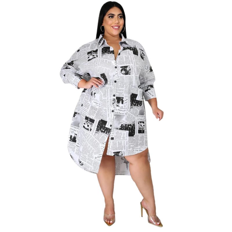 Plus Size Fall/Winter Plus Size Women Clothing Woman Collared Newspaper Printing Irregular Asymmetric Women Shirt Dress - Image 5