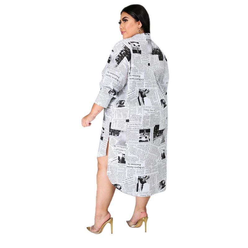 Plus Size Fall/Winter Plus Size Women Clothing Woman Collared Newspaper Printing Irregular Asymmetric Women Shirt Dress - Image 3