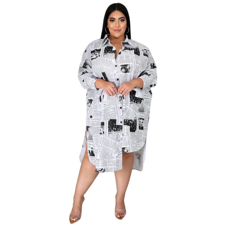 Plus Size Fall/Winter Plus Size Women Clothing Woman Collared Newspaper Printing Irregular Asymmetric Women Shirt Dress - Image 2