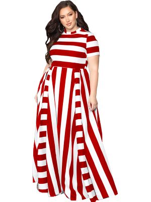 Plus Size Women Clothing Loose round Neck Horizontal Vertical Striped  Dress