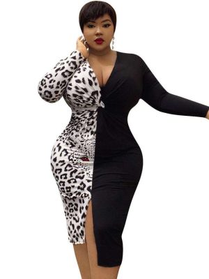 Plus Size Women  Long Sleeve  Autumn Winter Stitching Dress