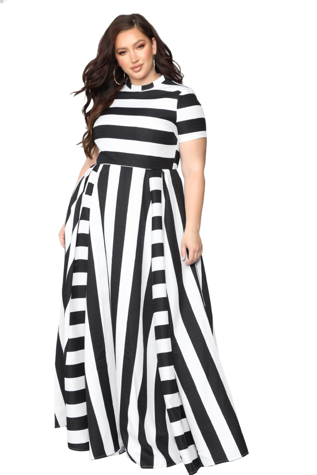 Plus Size Women Clothing Loose round Neck Horizontal Vertical Striped  Dress - Image 5