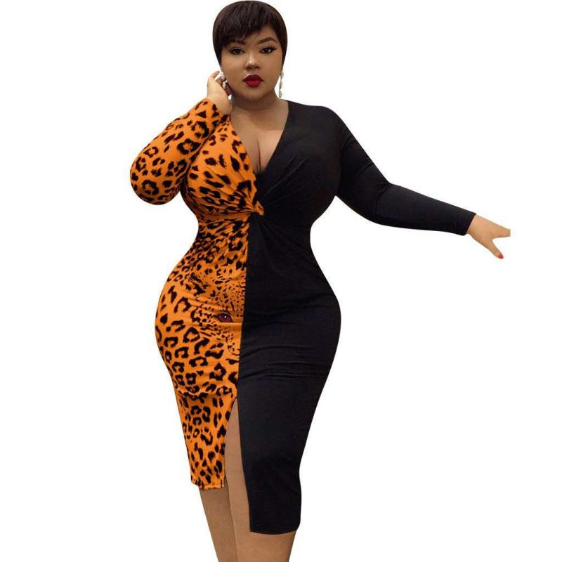 Plus Size Women  Long Sleeve  Autumn Winter Stitching Dress - Image 4