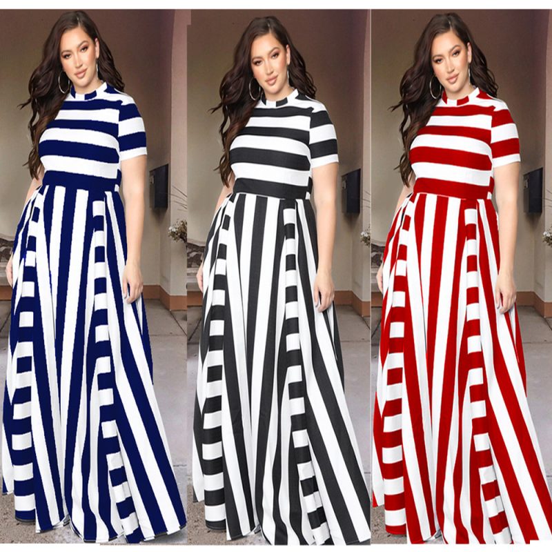 Plus Size Women Clothing Loose round Neck Horizontal Vertical Striped  Dress - Image 4